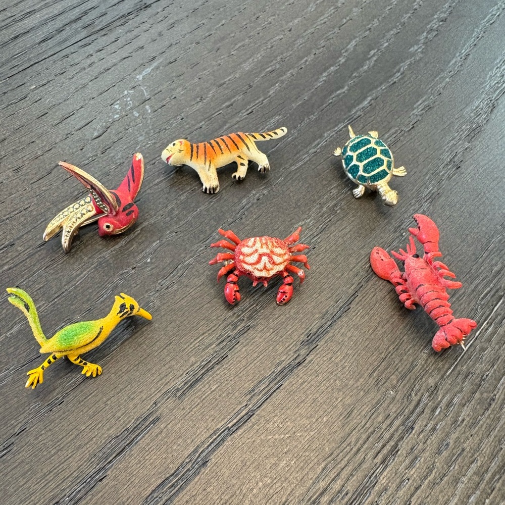 Set Of 6 Vintage 70s Made In Korea Animal Pins Brooch Tiger Lobster Turtle